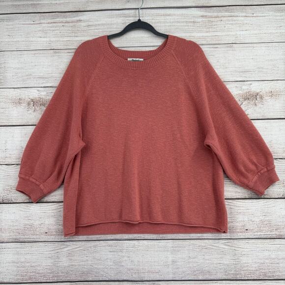 Madewell 3/4 Sleeve Oversized Rough Hem Crew Neck Sweater Women's Medium Pink - Picture 1 of 12